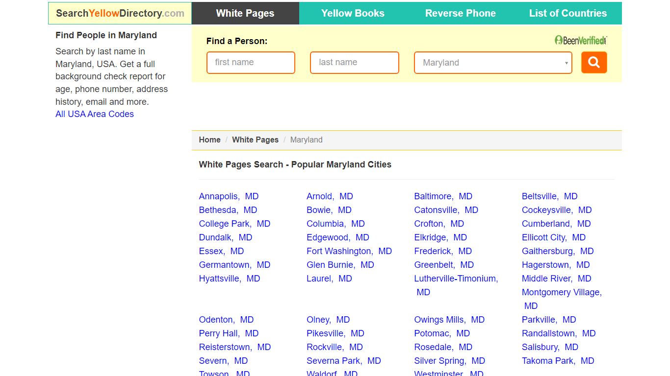 Maryland White Pages Directory, Popular Cities